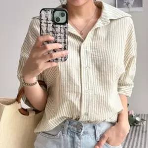 여성 오픈 카라넥 스트라이프 린넨 반팔 셔츠 남방