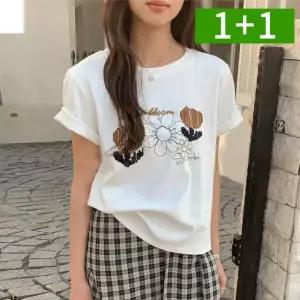 1+1 루즈핏 여성반팔티 여름 면티 라운드 프린트