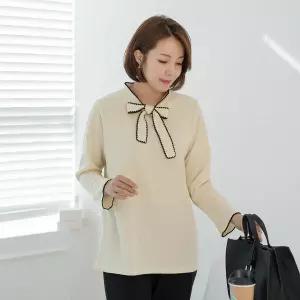 엄마옷 마담4060 40대50대티셔츠배색자수리본타이-QTE2401032-