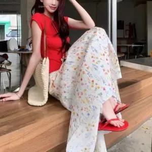 [하프클럽/]여성 봄 데이트 플라워 캉캉 밴딩 롱 치마 스커트