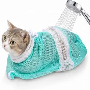 Lnidpd 고양이 목욕 가방 조절식 세탁망 물림 및 긁힘 방지 메쉬 그루밍용 통기성 억제 샤워 발톱 다듬기