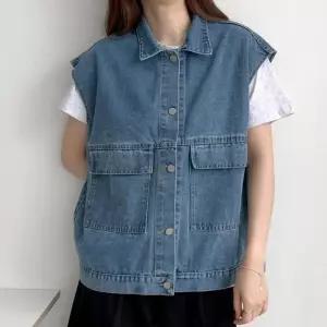 [M7] 여자 더블포켓 데님베스트 카라넥 중청 SS 조끼