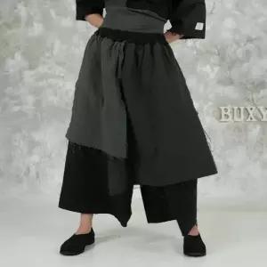 벅시루 여성 히피랩 그런지 이중레이어 여성 와이드 밴딩 면 랩바지