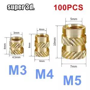 100pcs 너트 M3 M4 M5 스레드 널링 핫멜트 황동 열 세트 3D 프린터 부품 용 내열성 삽입