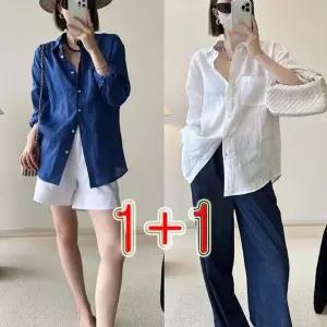 1+1 린넨 긴팔 블라우스 여성 여름 얇은 루즈핏 면 마 셔츠 자외선 차단 롱 남방 여성의류