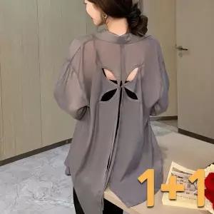 1+1 뒤트임 펀칭 긴팔 블라우스 시스루 남방 셔츠 상의 시원한 자외선 차단복 여름 여성용 캐주얼 가디건