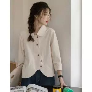 봄가을 여성 루즈핏 카라넥 언발런스 단추포인트 긴팔셔츠 LJACS50