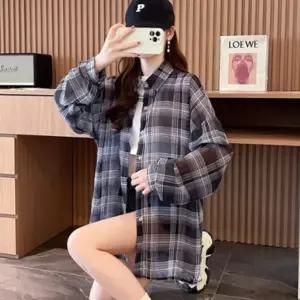 여성용 봄 여름 루즈핏 쉬폰 남방 자외선 차단 긴팔 체크 셔츠