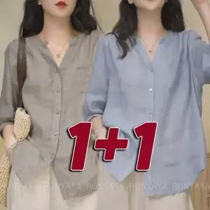 1+1 루즈핏 빅사이즈 상의 면 마 반팔 셔츠 마셔츠 린넨 여성여름셔츠 블라우스 남방 상의 D88U