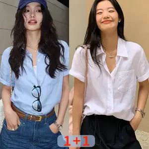1+1여성블루셔츠 화이트블라우스 여성오피스룩 여성반팔셔츠 링클프리셔츠 여성여름남방