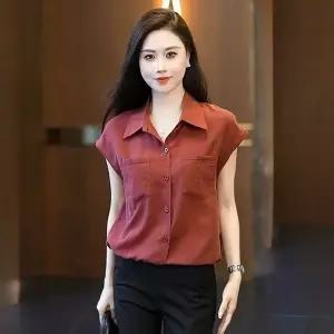 중년 여성 반팔 셔츠 여름 냉장고 엄마룩 캐주얼 패션 기질 블라우스 데일리 심플 솔리드 베이직 카라넥 남