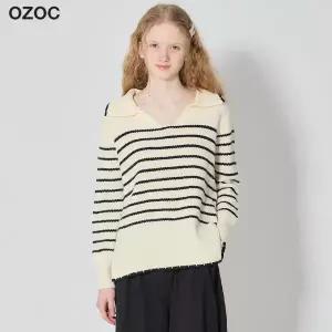 [오조크(OZOC)] 오픈 칼라 스트라이프 니트 탑 (택가격: 74000원)