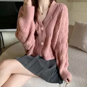 데일리룩 꽈배기 포인단추 가오리핏 베이직 니트 크롭 가디건