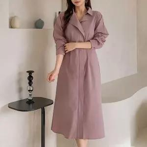 [하프클럽/옷자락]여자 하객패션 테일러드 카라 벨티드 롱 원피스