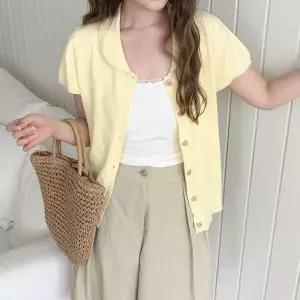 [하프클럽/옷자락]여자 면혼방 둥근카라넥 퍼프 니트 반팔 가디건