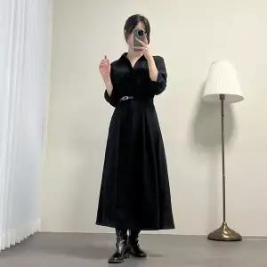[하프클럽/옷자락]여자 가을하객룩 반벨트 카라넥 플레어 랩 롱원피스