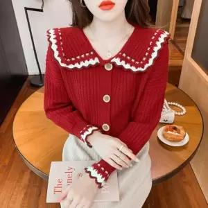 [하프클럽/옷자락]여자 겨울 파티 물결 배색 빅카라 레드 니트 가디건