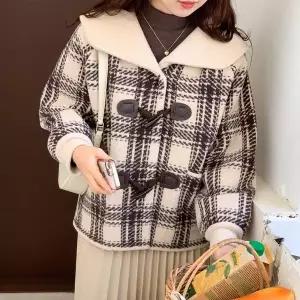 [하프클럽/옷자락]여자 숏 더플 코트 빅카라 귀여운 체크 떡볶이 자켓