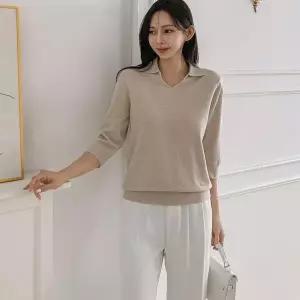 [하프클럽/신상오픈런]여자 칠부 브이 카라티 소프트 펜던트 무지 가을 니트