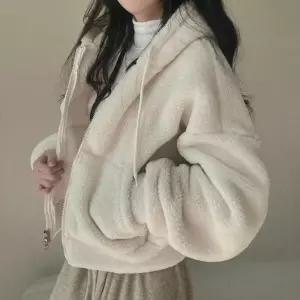 양털 기모 겨울 여성 뽀글이 퍼집업 크롭집업 빅사이즈 루즈핏 여자 후드집업