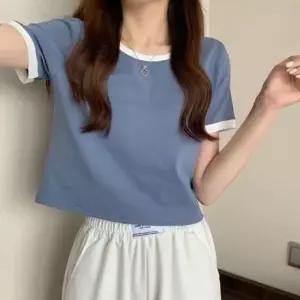 여성 세미크롭 배색 무지 크롭티 1P 데일리 티셔츠