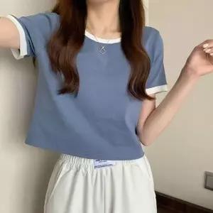 여성 세미크롭 배색 무지 크롭티 1P 데일리 티셔츠