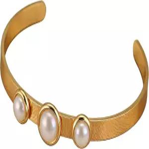 Decpro 18K 골드 도금 스테인리스 스틸 오픈 뱅글 브레이슬릿 인조 진주 3개 세팅 2x6mm 및 크림 화이트 -