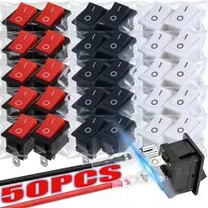 1050Pcs 푸시 버튼 스위치 10x15mm SPST 2Pin 3A 250V KCD11 스냅인 온/오프 로커 검정 빨강 및 흰색