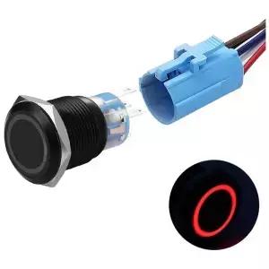 19mm 래칭 푸시 버튼 스위치 SPDT ON/OFF 방수 블랙 메탈 12V 링 LED(와이어 플러그 )