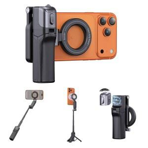 [3IN1] 자석식 전화 카메라 셔터 그립 확장 가능한 셀피 스틱 및 삼각대 MAGSAFE 지원 아이폰호환 ANDROID용 휴대용 분리형 무선 버튼 리모컨 인체공학적 손잡이 - 블랙