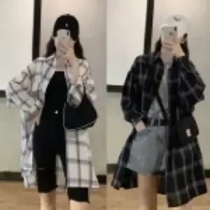 미니멀 체크 롱셔츠_화이트,블랙 옷자락 미니멀 포인트