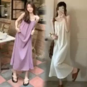 미니멀 어깨끈 셔링 원피스_퍼플,크림 옷자락 미니멀 포인트