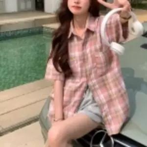 미니멀 카라 체크 핑크 셔츠 옷자락 미니멀 포인트