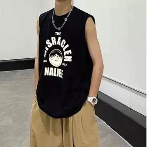 [옷자락]미니멀 남자 힙무드 프린팅 나염 루즈핏 민소매 티셔츠 패션