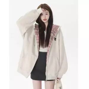 은창)러블리 미으 이너 체크 패턴 후드 점 단추 후디