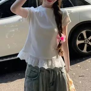 [하프클럽/신상오픈런]여성용 레이스 밑단 라운드넥 슬림핏 화이트 반팔 티셔츠