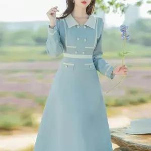 [하프클럽/알티피아]여성 스카이블루 진주버튼 트위드 각카라 롱 원피스 가을