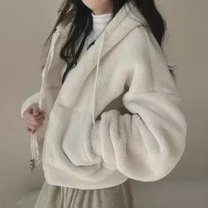 친절한탄씨 양털 세미크롭 후드집업 여성 양털 후드집업 겨울아우터 크롭 여자 여성후드집업