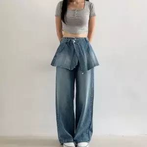 여자 미니 컷팅 랩스커트 레이어드 워싱 청바지 세트 치마 데일리 코디