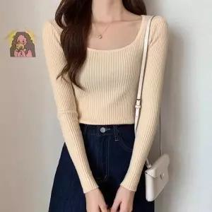 데일리룩 걸스 5톤 슬림컴포트 스퀘어칼라 골패턴 니트웨어