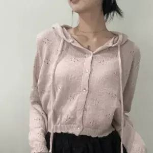 데일리룩 니트 가디건 펀칭 후드티 세미크롭 긴팔 핑크 크림 그레이 3컬러 봄 가을 겨울