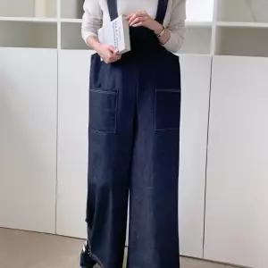여자 캐주얼룩 빅사이즈 데님 멜빵 하비 와이드 팬츠 청바지 데일리 코디