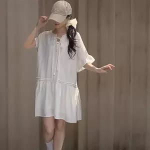 [하프클럽/신상오픈런]여성 귀여운 린넨 프릴 반소매 미니 드레스