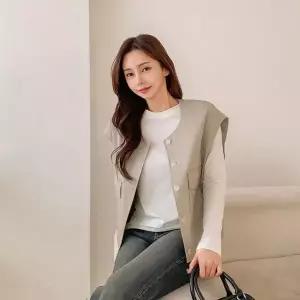 [하프클럽/신상오픈런]통소매 캡소매 라운드넥 밑단셔링 인조가죽 봄조끼
