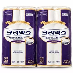 크리넥스 천연펄프 3겹 데코앤소프트 화이트, 25m, 30롤, 2개
