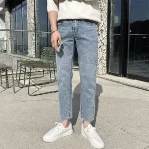 남자 봄가을 워싱 크롭 컷팅 슬림핏 데님팬츠 청바지 데일리 코디