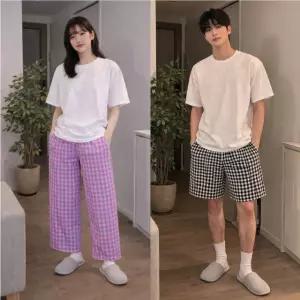  슬레진저 선염 체크 면스판 밴딩바지 커플 파자마 5부 7부 9부