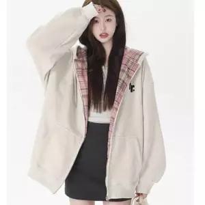 은창 러블리 이너 체크 패턴 후드 점퍼 봄 가을 집업 xr2F9BB