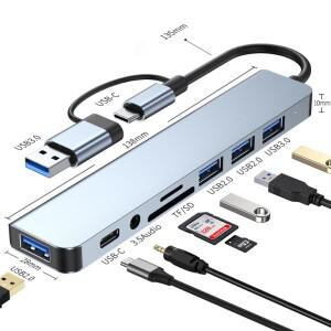 8포트 2 USB + 타입 C 허브 도킹 스테이션 (3.5mm 오디오 잭 어댑터 마이크로 SD 카드 리더 노트북/태블릿/