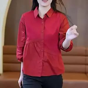여성 셔츠 블라우스 봄가을 루즈핏 패치 7부 소매 언발란스 밑단 플레어